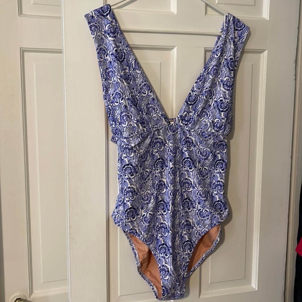 J. Crew Blue Dandelion Swirl One-Piece. Size 14. NWT!